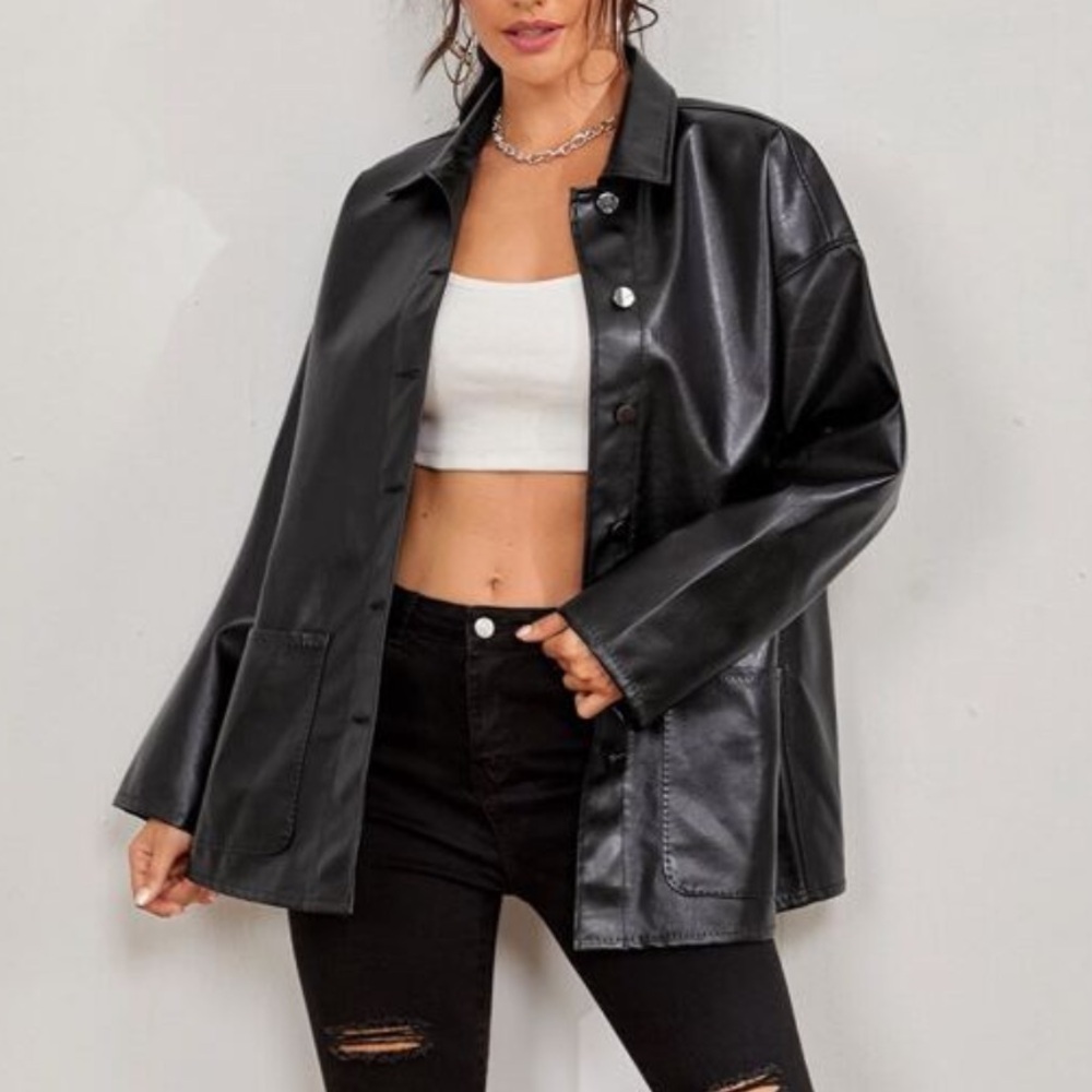 SHEIN | Black Faux Leather Oversized Jacket Button Front Size Medium